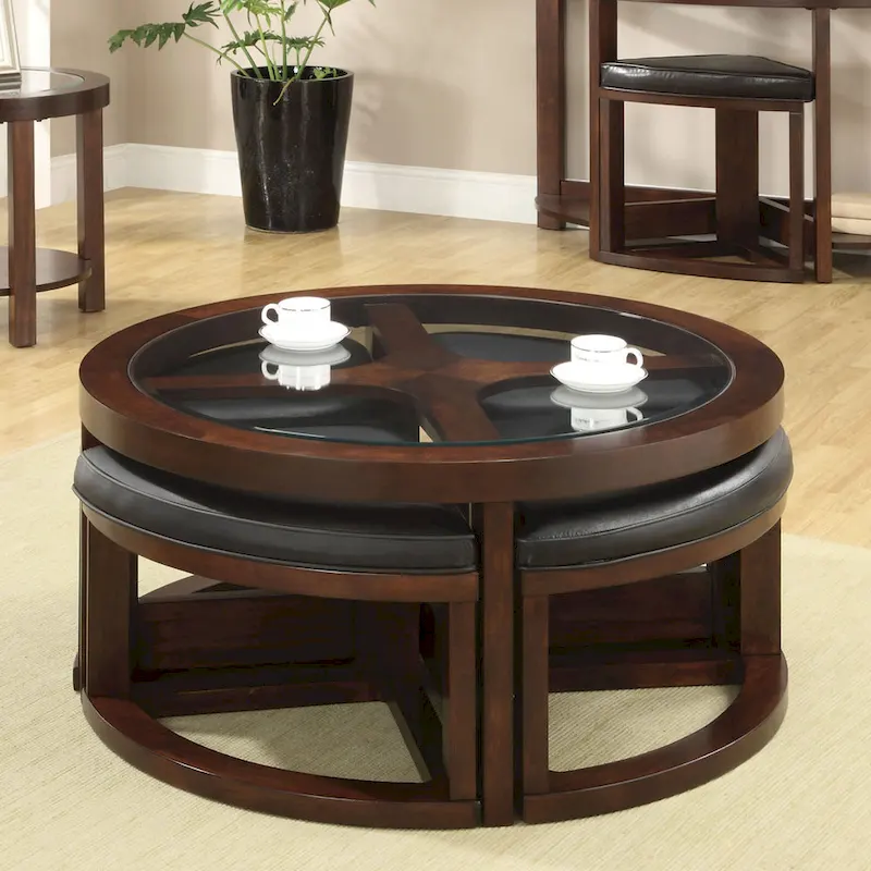 Transitional Walnut 40-inch Glass Top 5-Piece Coffee Table with Ottomans