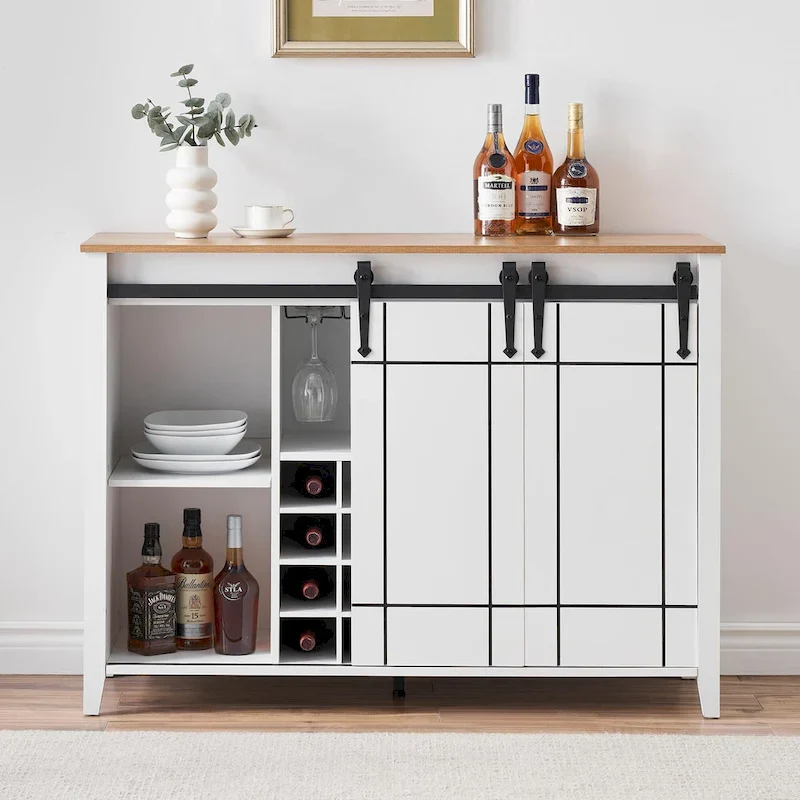 Dark Brown / White Farmhouse Sliding Barn Door Wine Bar Cabinet with 16-Bottle Rack – Single Unit