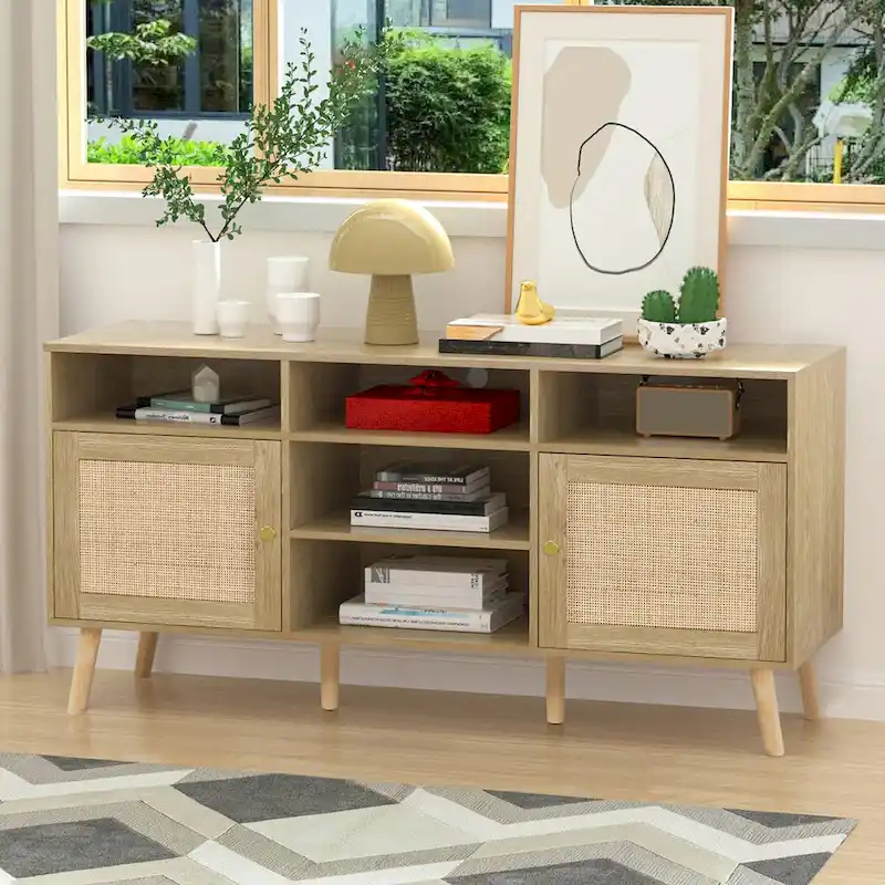 Anmytek Modern Rattan Wood TV Stand Console Table Entertainment Centers for TVs up to 65 - 59