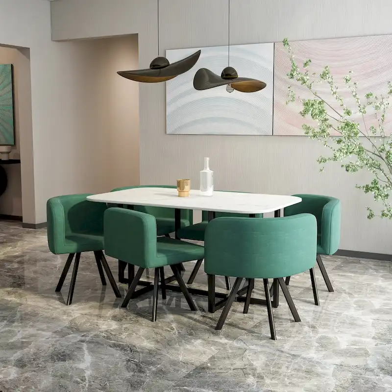 Modern Dining with Rectangular Marble Table & 6 Upholstered Chairs