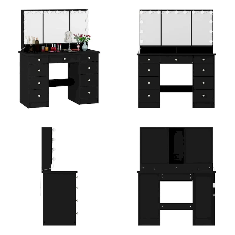 White Makeup Vanity - LED Mirror, USB-Powered Lights, Dresser Table