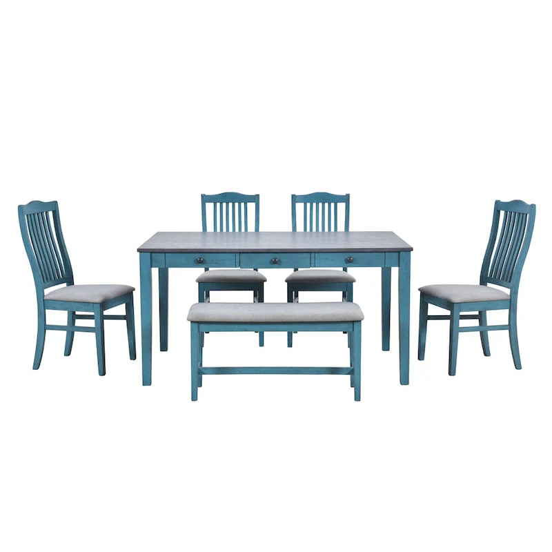 6-Piece Wooden Dining Table Set with 4 Chairs & Bench, Table with Drawer