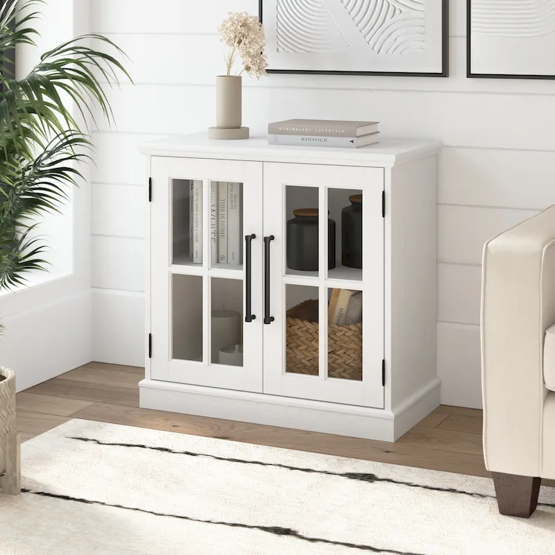 White Ash & Vintage Black Farmhouse Storage Cabinet with Glass Doors – 1 Door