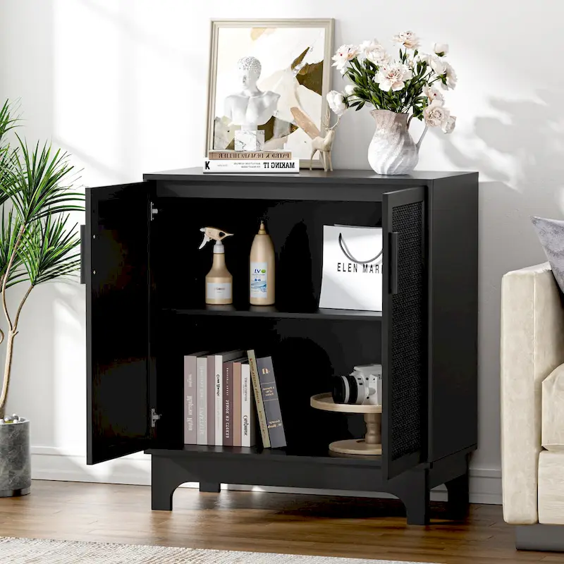 Black Buffet Sideboard 2-Door Rattan MDF Storage Cabinet Adjustable Shelf Wood Handles 31.5