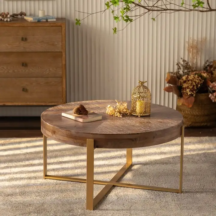 Natural Wood Round Coffee Table with Metal Cross Legs