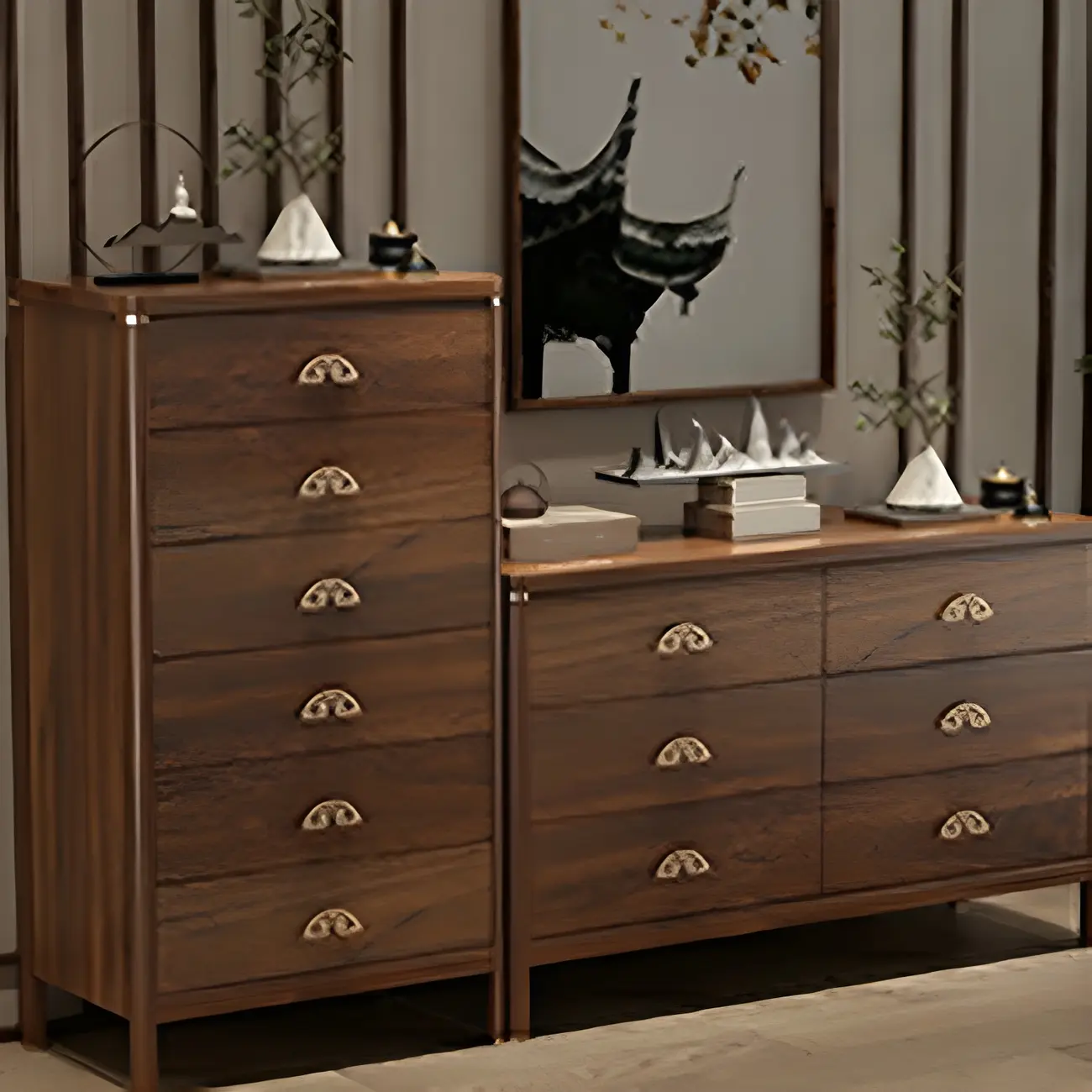 Traditional Brown Wooden Double Dresser with Soft Close Drawers