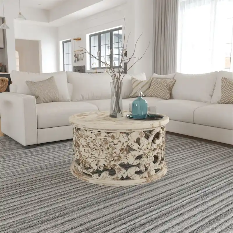 White Round Coffee Table with Floral Carved Design - Mango Wood - 33 Inch