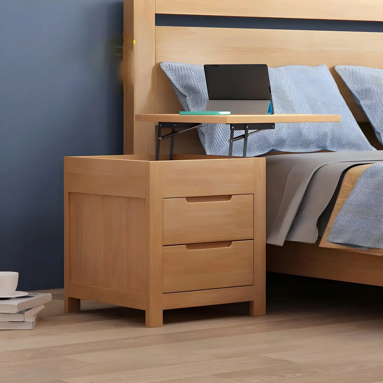 Narrow Rubberwood Lift-Top Bed Side Table with Drawers