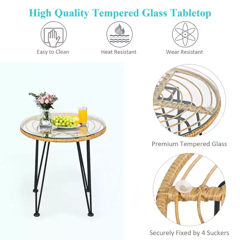 Costway 3PCS Patio Rattan Bistro Furniture Set Cushioned Chair Table