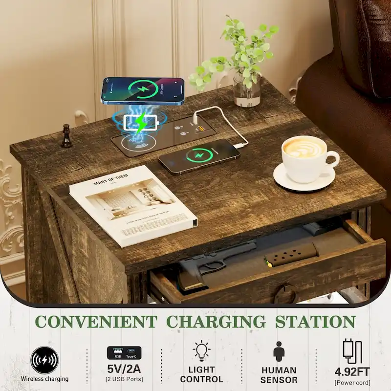 LED 2-Drawer Nightstand With Charging Station and Gun Drawer