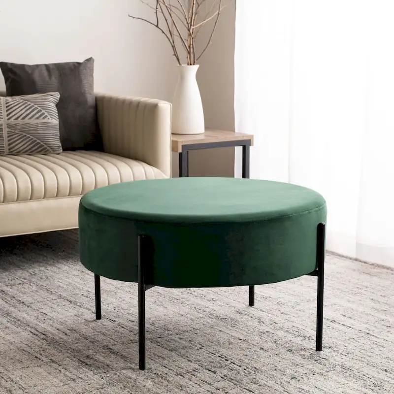 Round Velvet Cocktail Ottoman, Tufted Top, Modern Living Room Accent