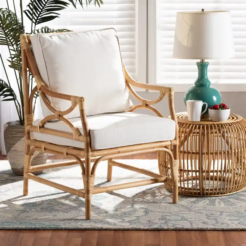 White & Natural Brown Rattan Armchair, Bohemian Style, Single
