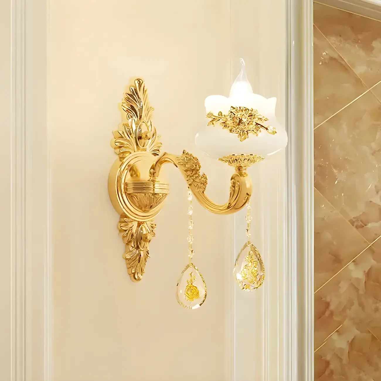 Living Room Gold Floral Glass Shape Chandelier Light with Crystal Pendant