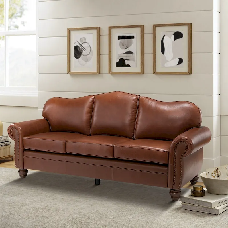 Balvino 81 Wide Transitional Genuine Leather Rolled Arm Sofa with Nailhead Trim and Removable Cushions