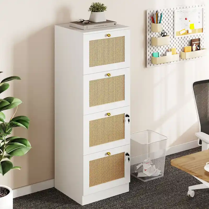 Moasis 15-inch Deep 4 Drawers Rattan Vertical File Cabinet with Lock