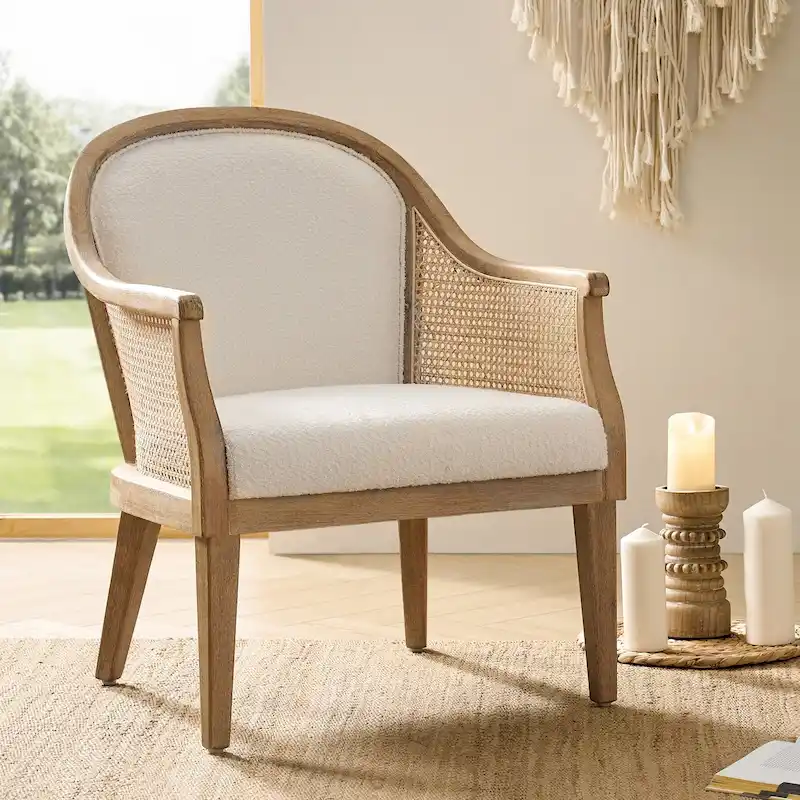 Ivory / Linen Rattan Barrel Armchair, Solid Wood Frame, Single Seat