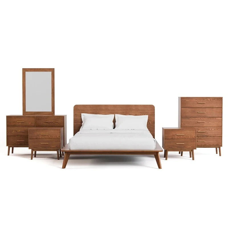 Beau Midcentury 6-Piece Walnut Low Profile Queen Bedroom Set