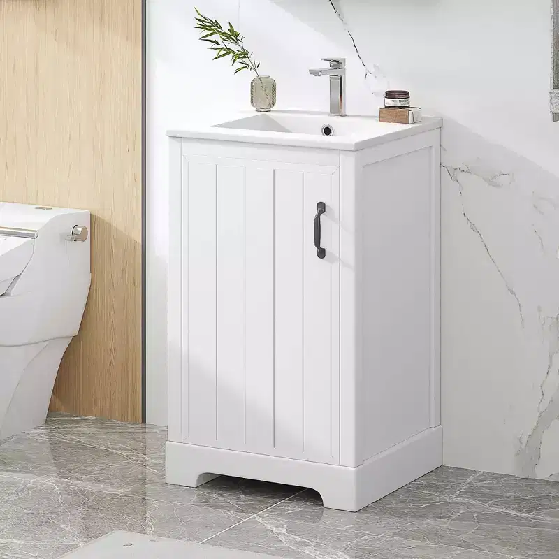 30 Inch Freestanding Bathroom Vanity with Sink, White MDF & Rubberwood, 3 Drawers & Adjustable Shelf
