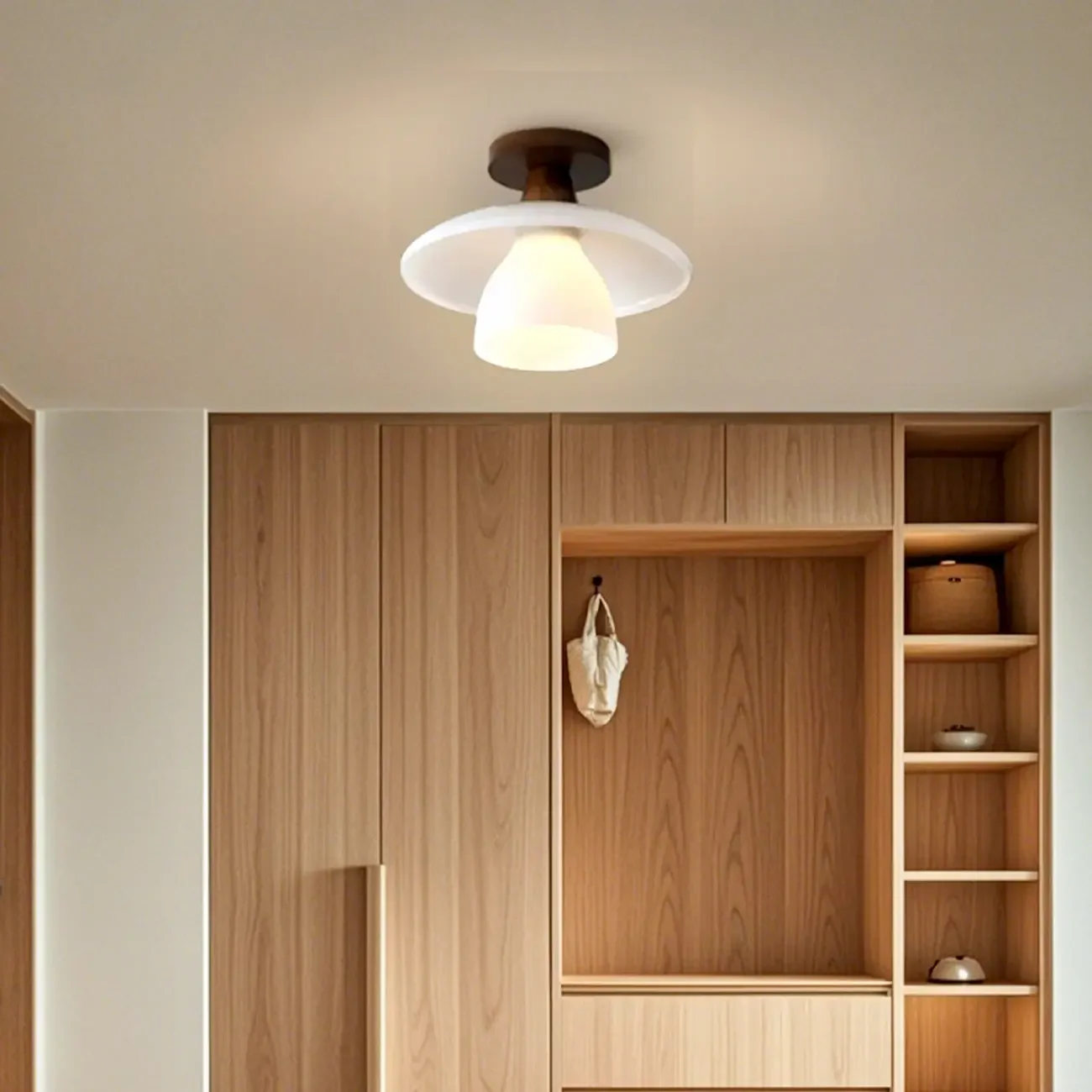 Modern Mini White Glass Wooden Semi Flush Mount Ceiling Light