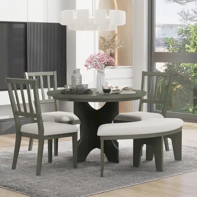 Modern Country Dining Table and Chair Sets Multi-Functional Dining Table and Chair Sets with Curved Table Base and Curved Bench