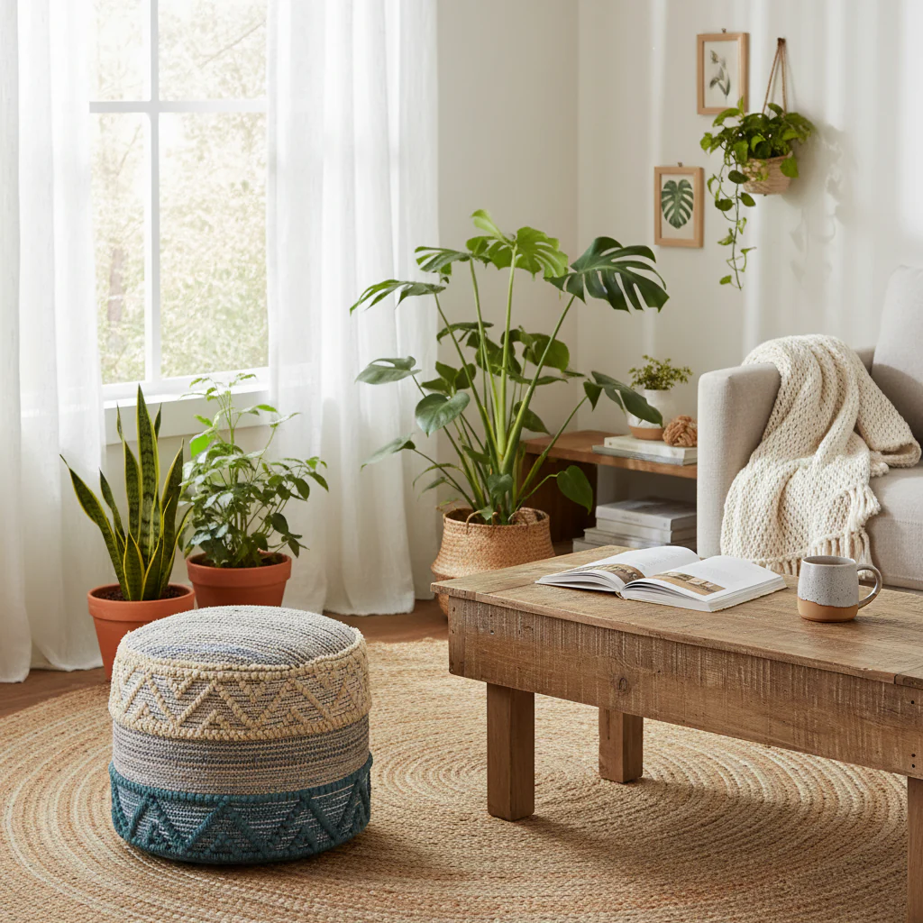 Bohemian Jute 18-inch Cylinder Pouf