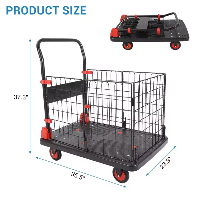 1000LBS Platform Cart with Cage - 4-Wheel Folding Dolly for Warehouse Moving & Storage - Black