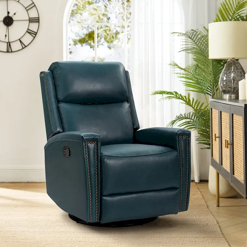 Multi-Color Genuine Leather Wingback Swivel Rocker Recliner with Nailhead Trim, Single