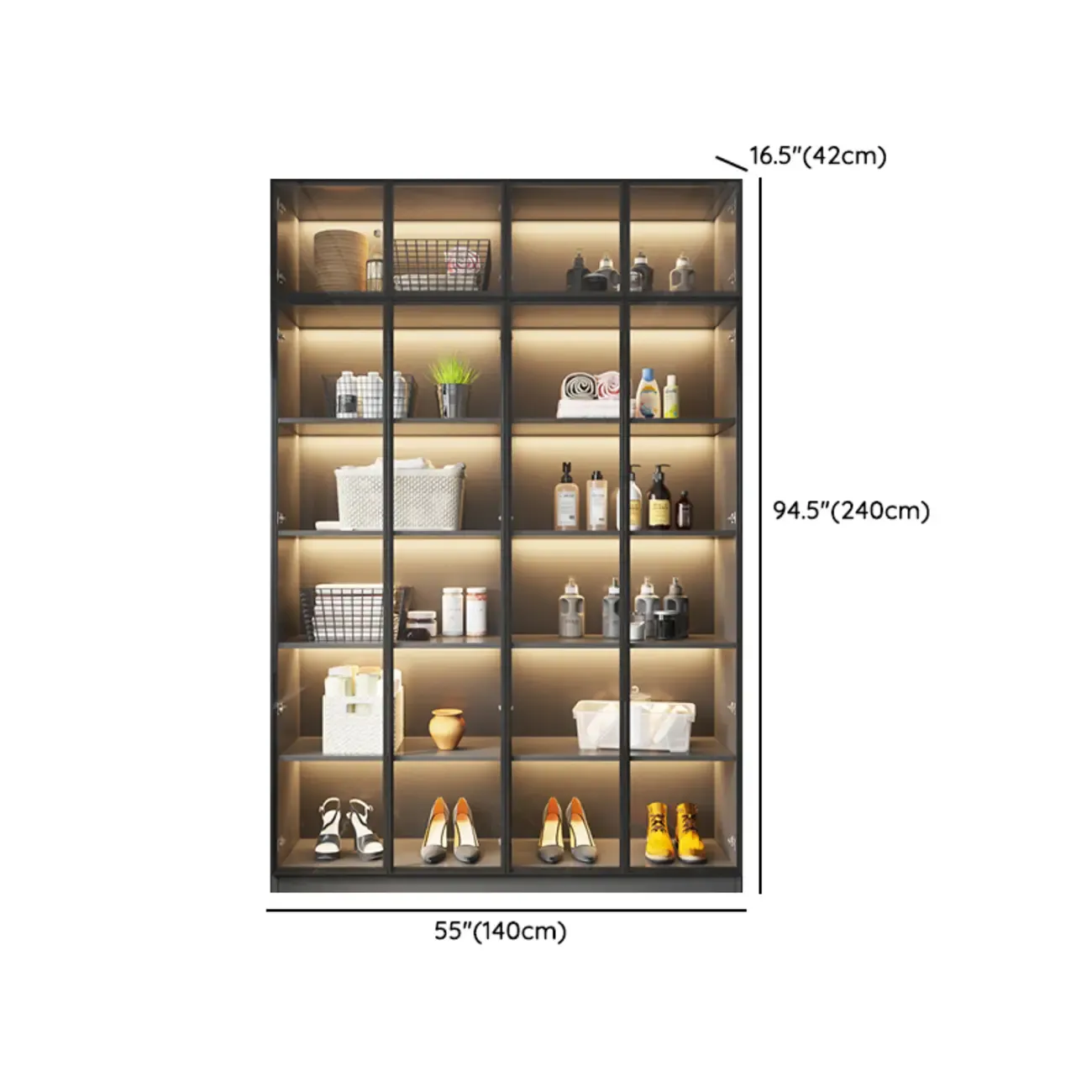 Freestanding Grey Wood Glass Display Cabinet with Light