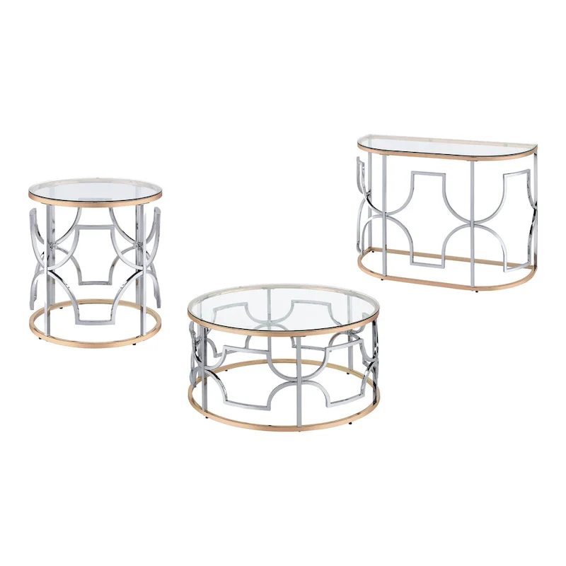 Ders Glam Chrome and Gold Plating Tempered Glass Top 3-Piece Coffee Table Set by Furniture of America