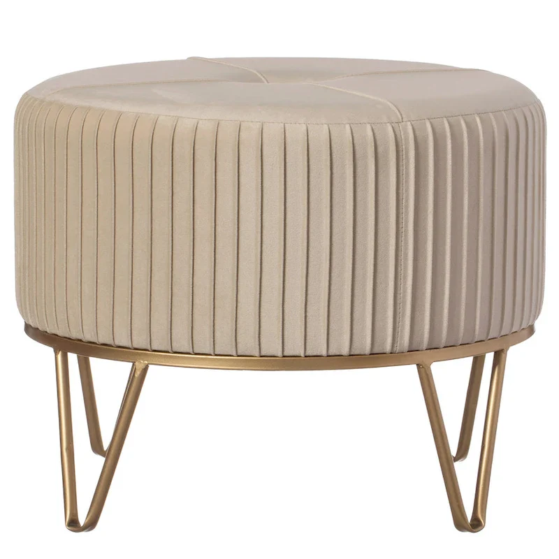 Round Velvet Ottoman Stool Raised with Hairpin Gold Base