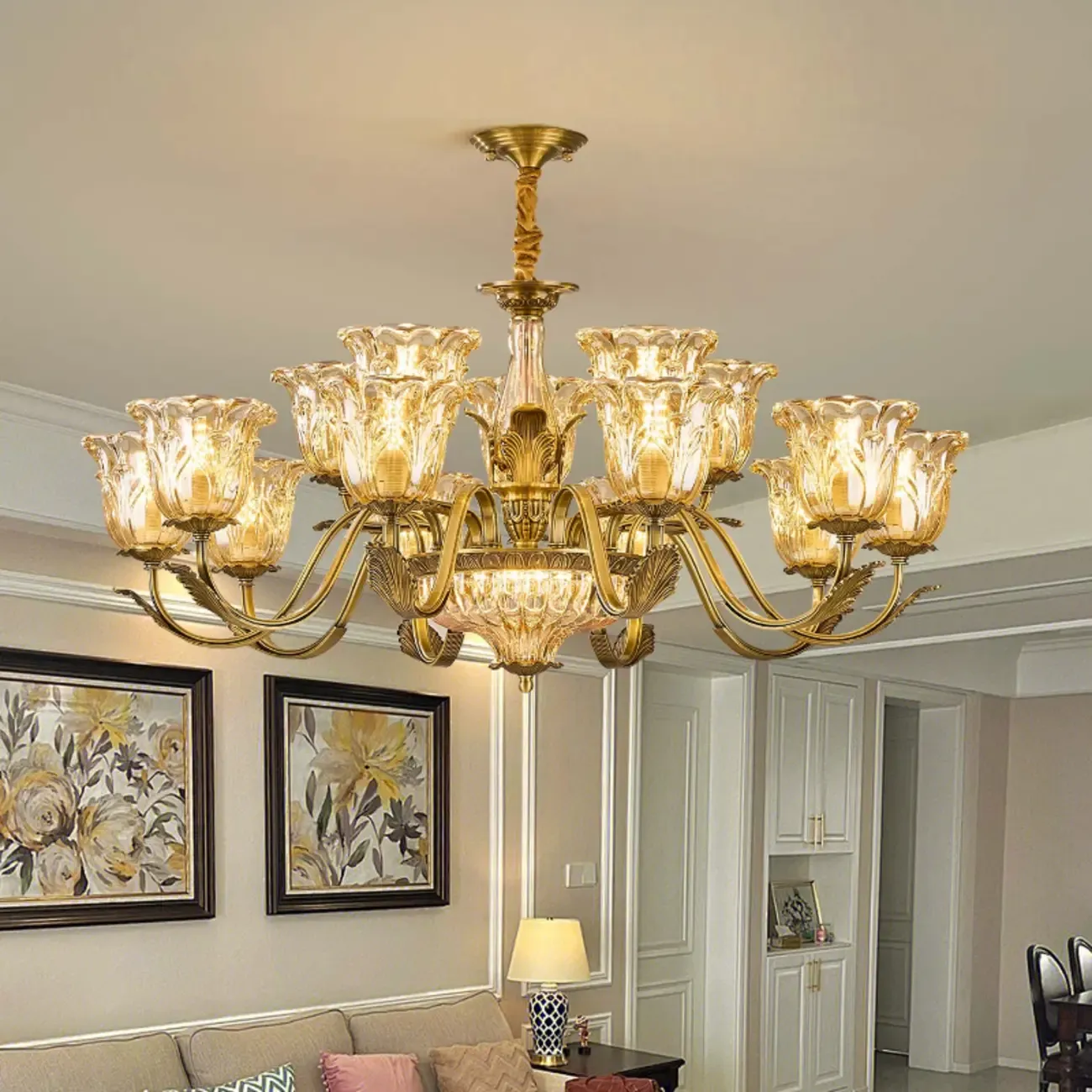 Gold Floral Glass Crystal Chandelier Elegant Design