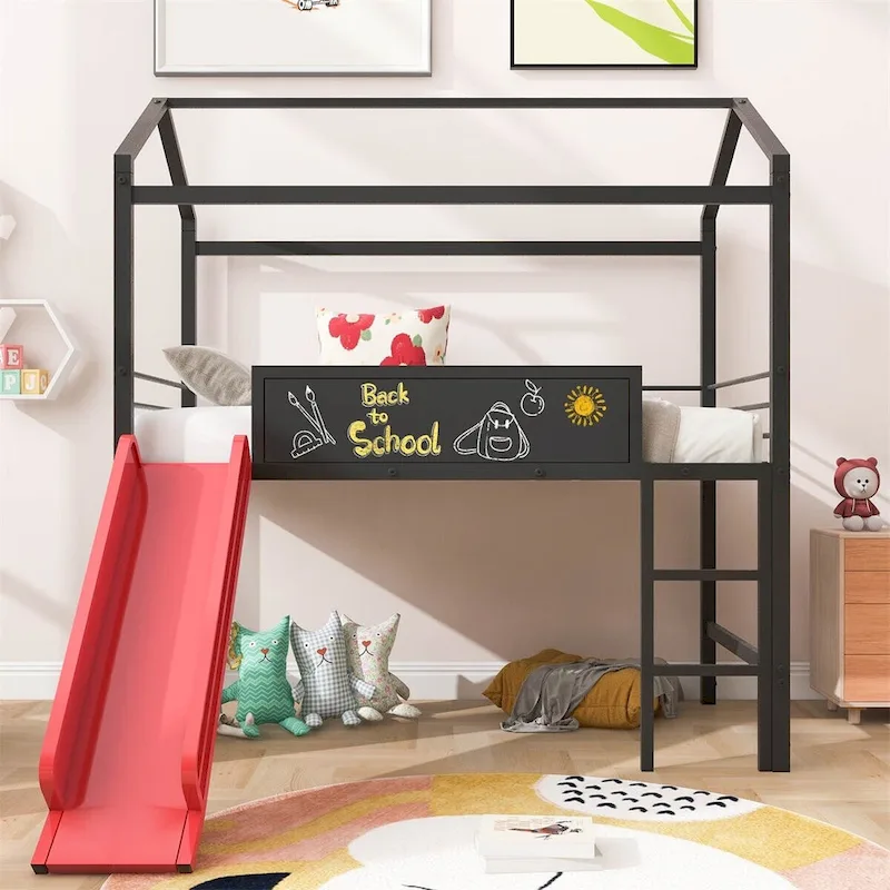 Merax Metal Twin House Loft Bed with Two-sided writable Wooden Board, Slide