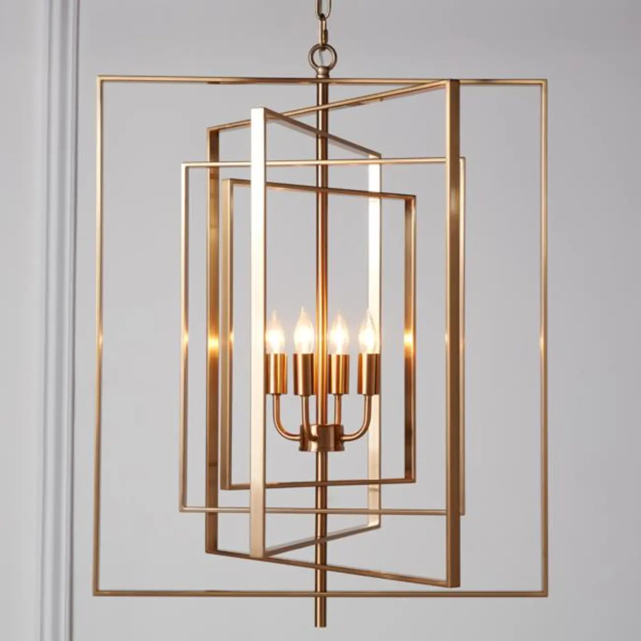 Modern Gold Rectangular Metal Cage Chandelier