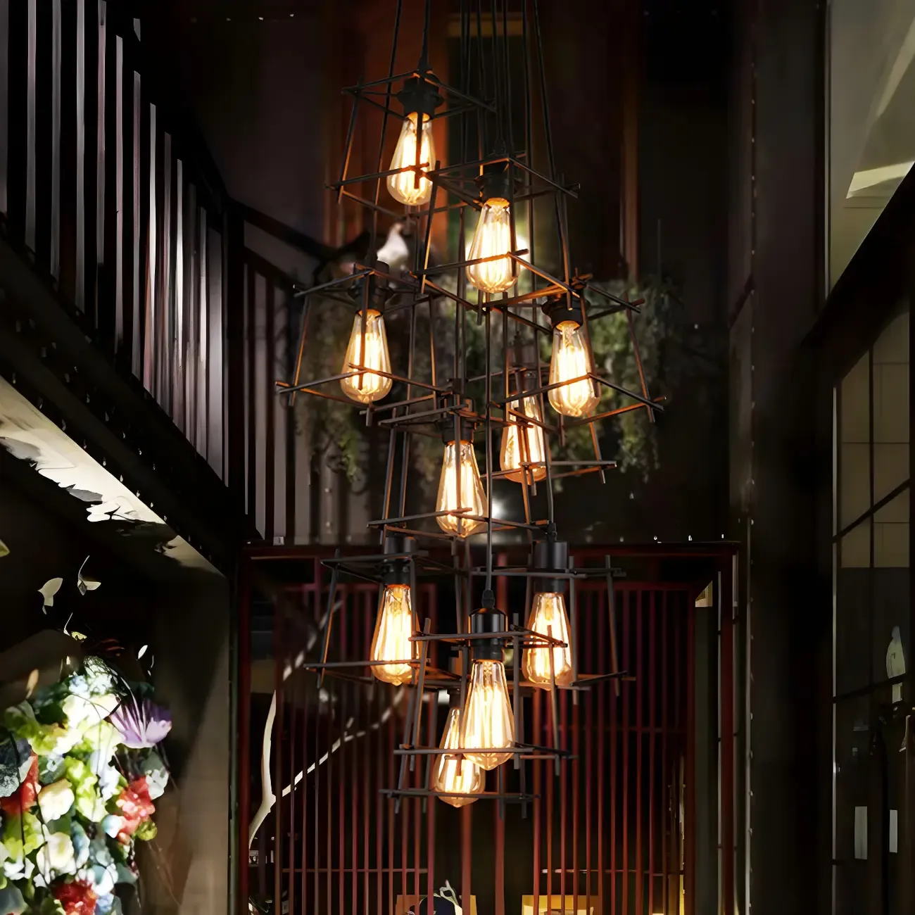 Large 10-Light Black Caged Industrial Pendant Chandelier