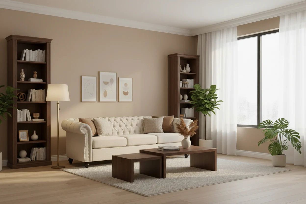 Beige tufted three-seater sofa, adorned with rivets