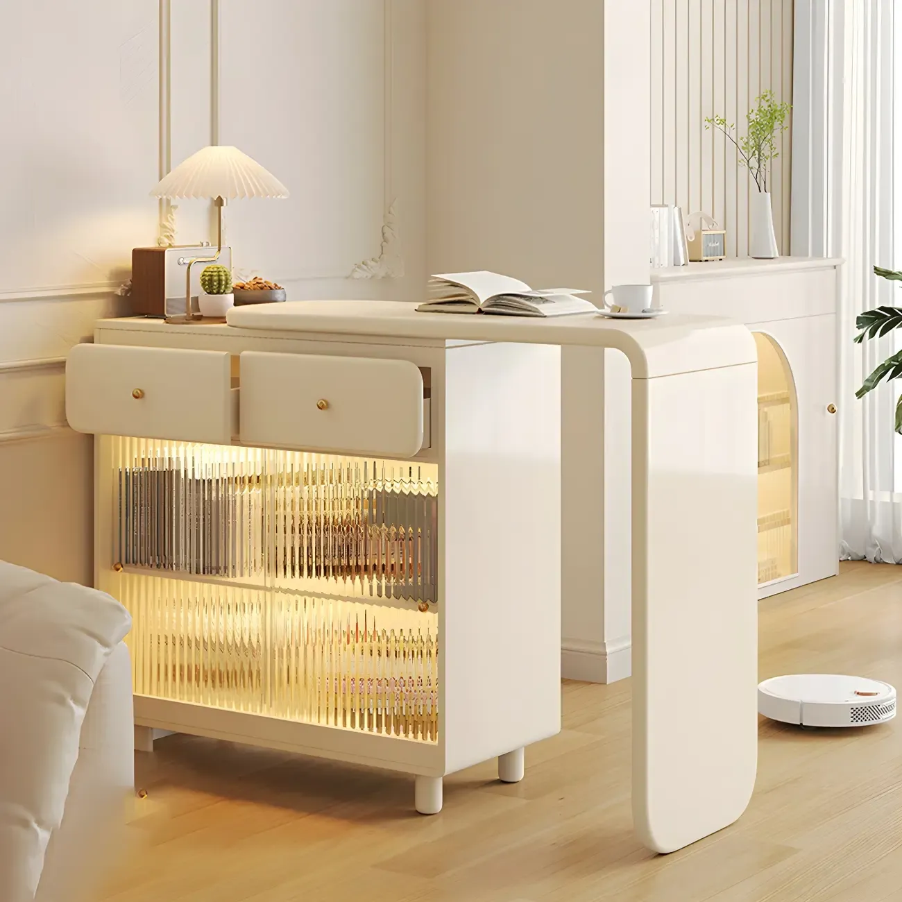 Scandinavian White Wood Glass Storage Extendable Bar Tables