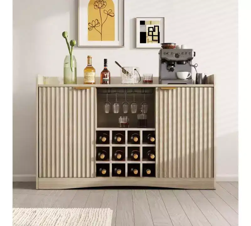 47 Fluted Wine Bar Cabinet w/ 12 Wine Racks & 9 Glass Holders, Modern 2-Door Liquor & Coffee Sideboard Buffet w/ Storage for Dining Room
