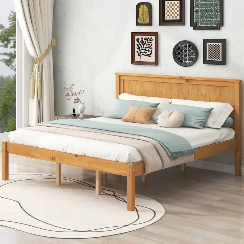 Espresso Queen Size Pine Wooden Platform Bed with Headboard and Wood Slat Support for Bedroom