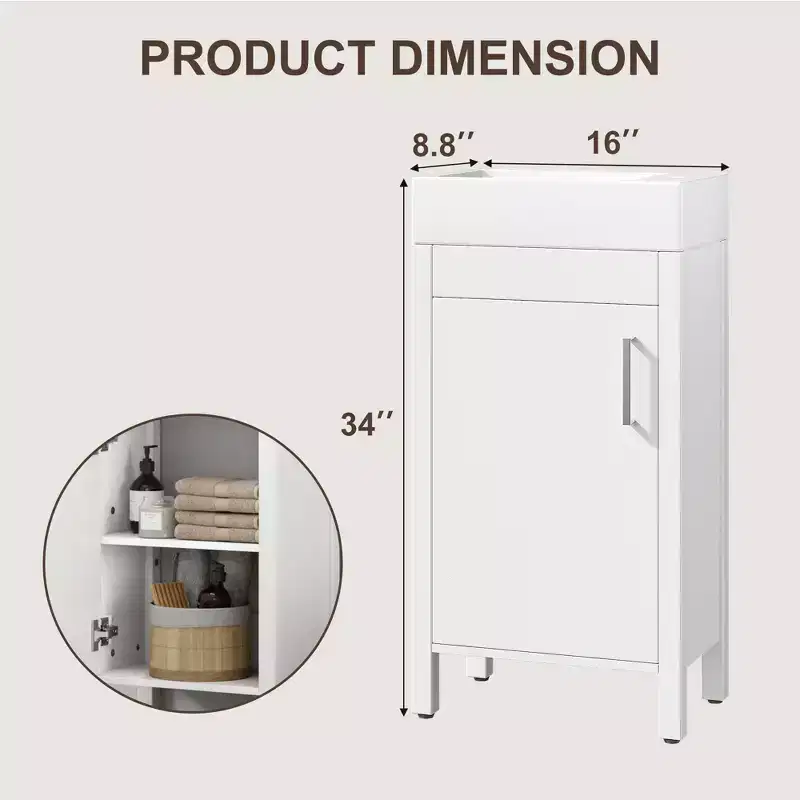 Space-Saving Modern Bathroom Vanity with basin - 16 Inch Freestanding Wooden Cabinet, Metal Handle, Farmhouse Style, Easy Assembly