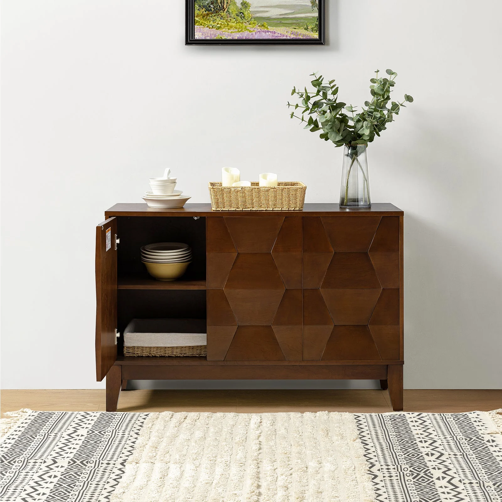 45 in Hexagonal Embossed 3-Door Sideboard with Push-to-Open Doors, 2 Adjustable Shelves & Tapered Rubberwood Legs | Walnut / Seadrift / Black / White | Single