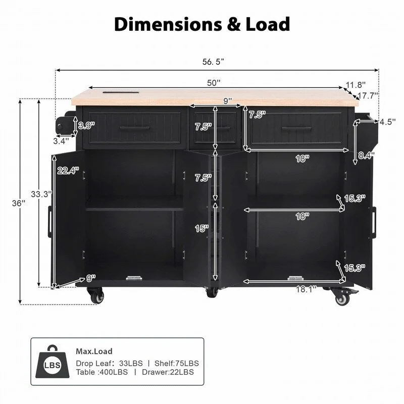 56.5 Kitchen Island with Drop Leaf and Charging Station, Rolling Kitchen Cart on Wheels with Drawers and Adjustable Shelves