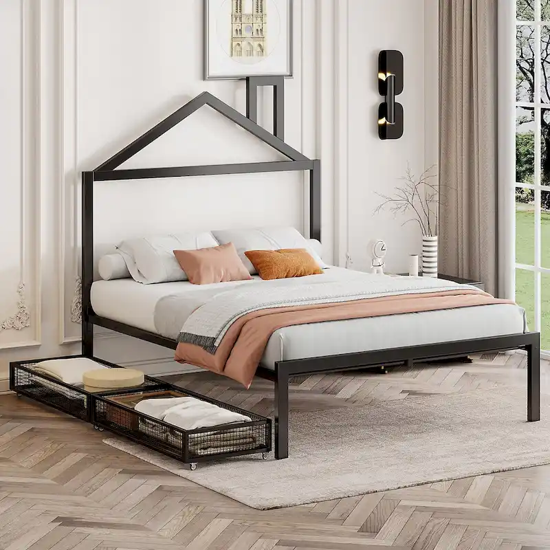 Black Full Size Metal Platform Bed with House Headboard & 2 Drawers, for 1 Person