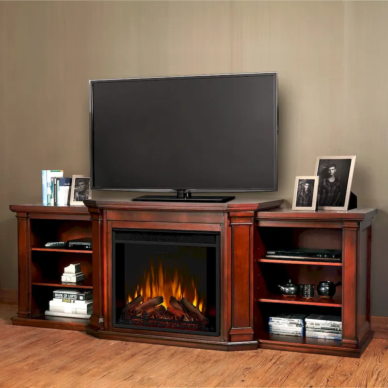 Valmont 74.25 Electric TV Stand Fireplace in Dark Mahogany by Real Flame - 75.5 W x 21.5 D x 27.7 H