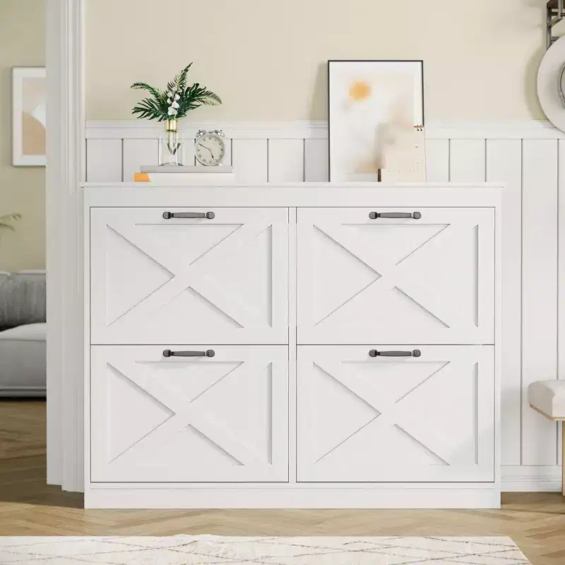 Shoe Storage Cabinet with 4 Flip Drawers, Freestanding Hidden Shoe Organizer, Wooden Shoe Rack Cabinet for Hallway Living Room Apartment