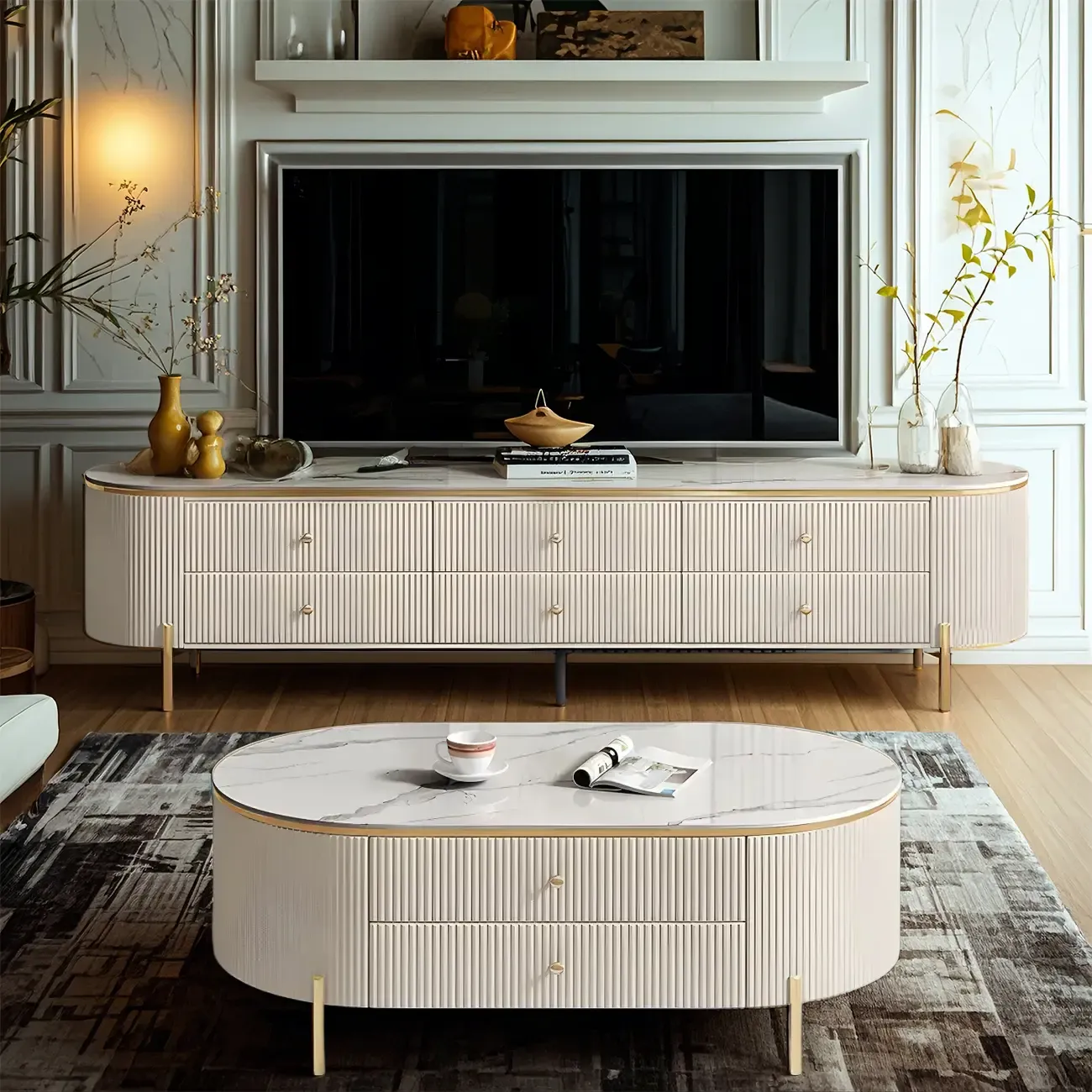 6-Drawer Contemporary White Stone TV Stand with Legs
