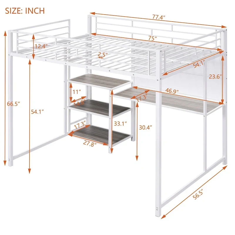 White Metal Loft Bed with Desk, Whiteboard, and 3 Shelves, Includes Ladder