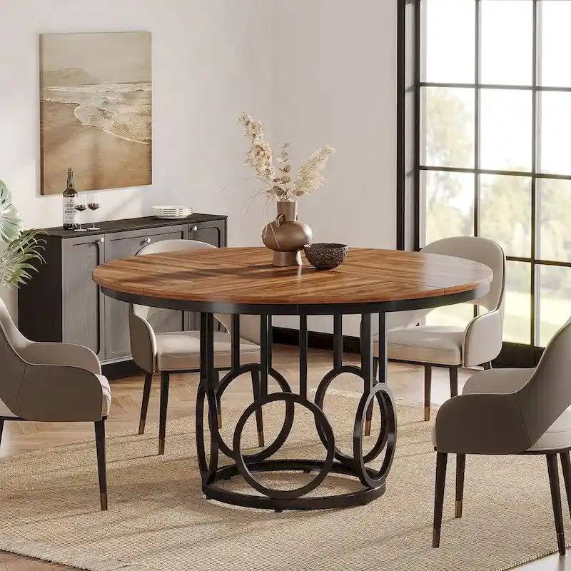 47 Round Dining Table for 4-6 with Sturdy Metal Base for Dining Room