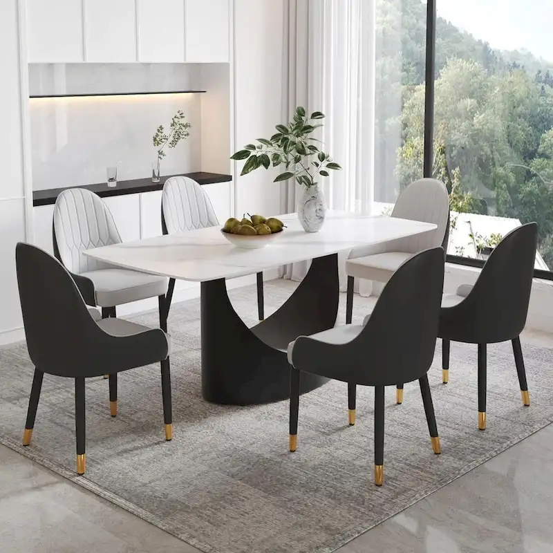 71  Black Marble Sintered Stone Table Top,Rectangle Dining Room Table with Unique U-Shape Black Carbon Steel Pedestal