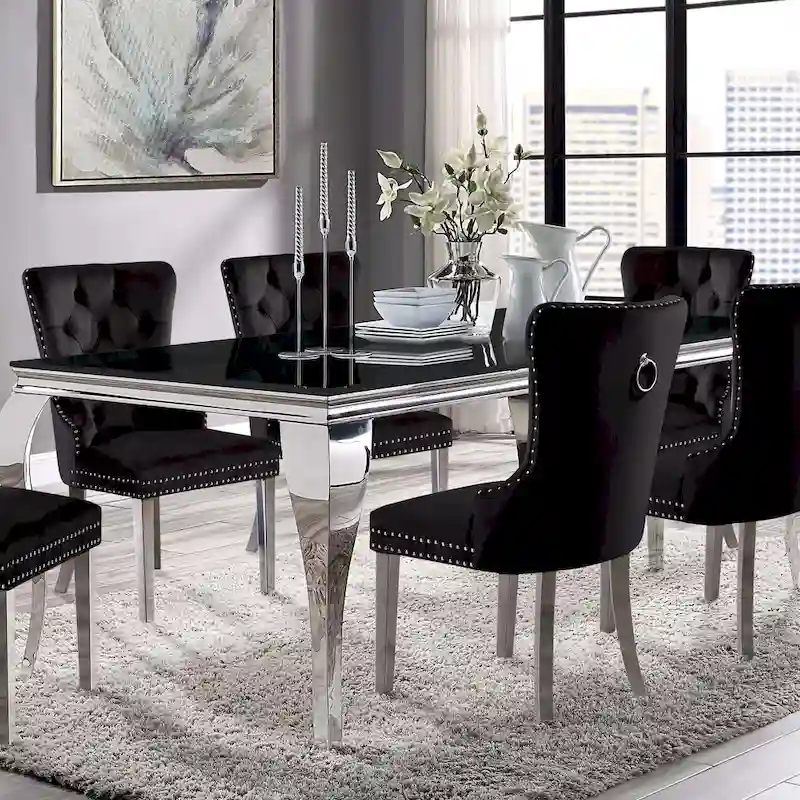 79-inch chrome-legged glass tabletop dining table