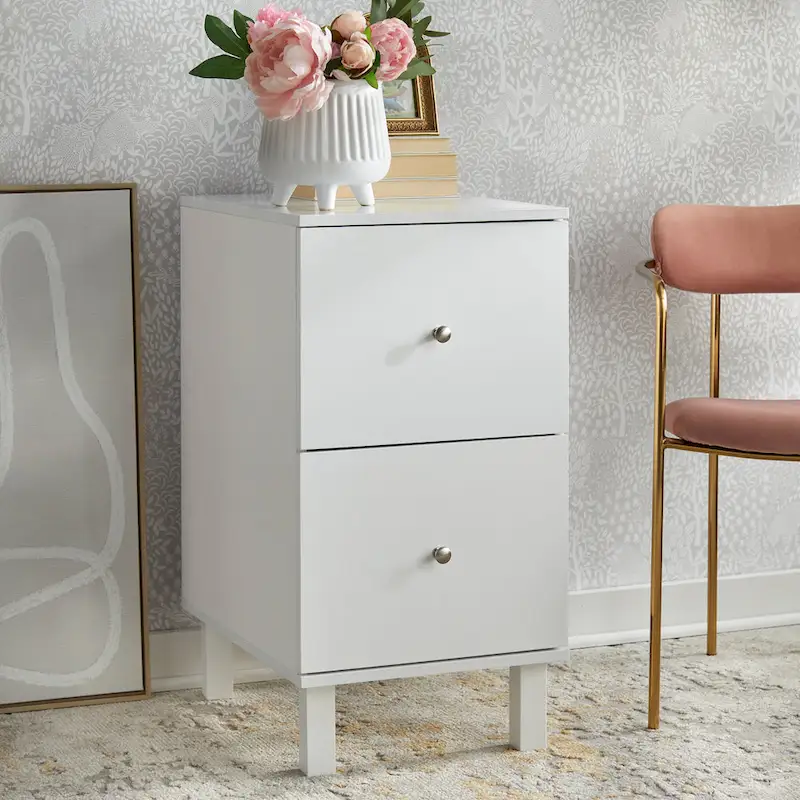 White 2-Drawer Filing Cabinet – Solid Wood & MDF, Farmhouse Style, 1 Person